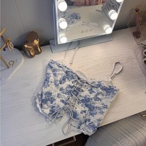 Floral Lace-Up Tank Top - Blue and White